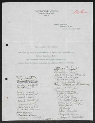 Brief von Albert Bernhard Faust, Theodora Faust, Albert Wilhelm Boesche, Paul R... Pope, Theodora Faust und Unbekannt von Cornell University / Deutscher Verein <Ithaca, NY> an Gerhart Hauptmann