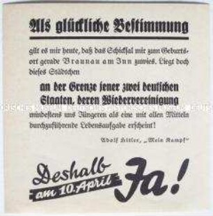 Handzettel zur Volksabstimmung über den "Anschluss" Österreichs mit einem Zitat aus "Mein Kampf"