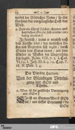 Die Vierdte Lection. Von der Glaubigen Vereinigung mit GOtt und CHristo.