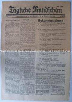 Tageszeitung der Roten Armee "Tägliche Rundschau" u.a. zur Bildung des Magistrats und über das Leben in der Sowjetunion