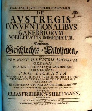 Diss. ... inaug. de austraegis conventionalibus ganerbiorum nobilitatis immediatae, sive Von denen Geschlechts-Erkohrnen
