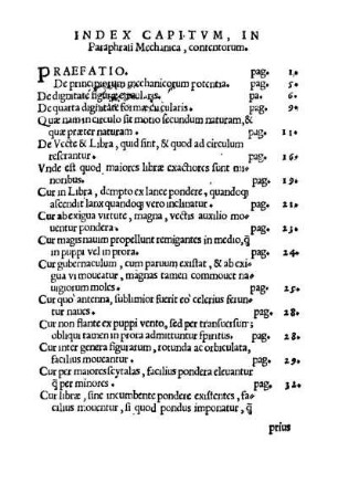 Index Capitum, In Paraphrasi Mechanica, contentorum.