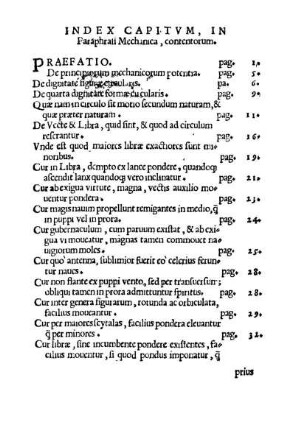 Index Capitum, In Paraphrasi Mechanica, contentorum.