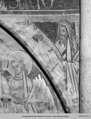Abraham und die drei Engel - Besuch der drei Engel bei Abraham (Genesis 18) flankiert von den Personifikationen des Frühlings und des Winters in den Bogenzwickeln