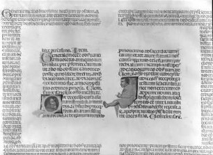 Glossa Joannis Andreæ in Clementinas — Initiale Q mit männlichem Kopf und I mit sitzendem Mann, Folio fol. 10 v