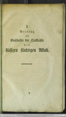 I. Beitrag zur Geschichte der Heilkräfte des flüssigen flüchtigen Alkali