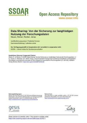 Data Sharing: Von der Sicherung zur langfristigen Nutzung der Forschungsdaten