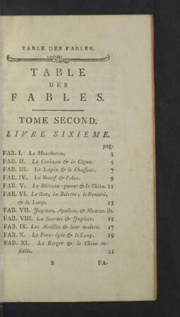 Table des Fables. Tome second.