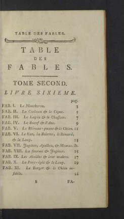 Table des Fables. Tome second.