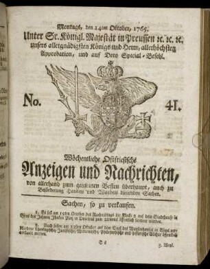 No. 41. Montags, den 14ten Oktober, 1765.
