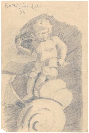 Kirchner, Hadwig (Hadwig Klemperer): Studie (Architekturdetail?) Kinderengel mit Schriftband auf einer Volute. Zeichnung, bezeichnet Hadwig Kirchner. 8 s ; 21 x 13,8 cm. 1940? Dresden: SLUB, Nachlaß Hadwig Klemperer