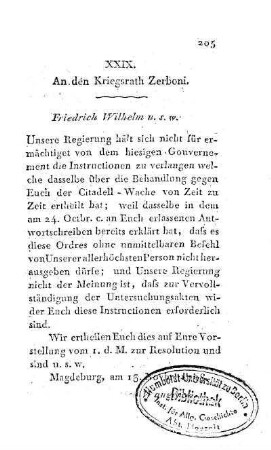 XXIX. An den Kriegsrath Zerboni