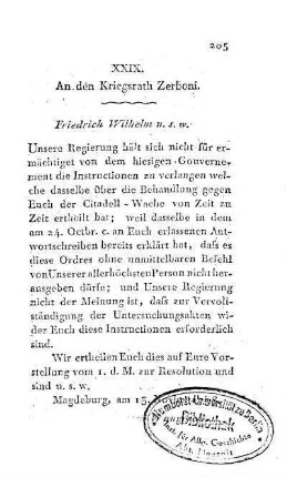 XXIX. An den Kriegsrath Zerboni