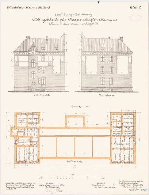 Feldartilleriekaserne, Halle/Saale: Wohnbau für Mannschaften - Kasernen I, II und VI: Grundriss Keller, Aufriss Nordansicht, Südansicht 1:100