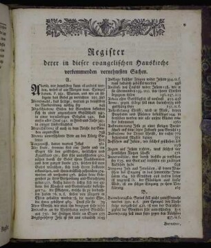 Register derer in dieser evangelischen Hauskirche vorkommenden vornehmsten Sachen.