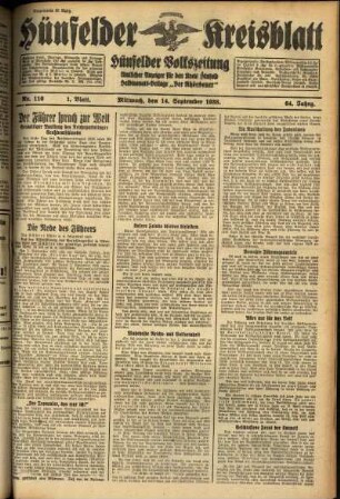 Erste Ausgabe vom Mittwoch, den 14. September 1938.