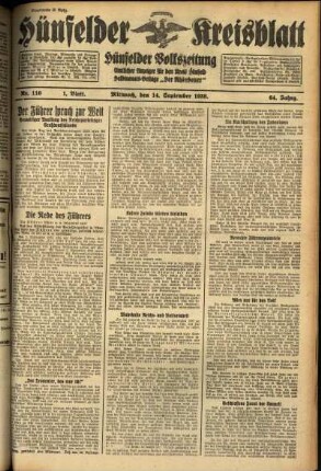 Erste Ausgabe vom Mittwoch, den 14. September 1938.