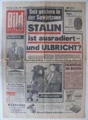 Tageszeitung "Bildzeitung" zur Tilgung der Erinnerung an Stalin in der DDR (u.a. Demontage des Stalin-Denkmals in Berlin, Umbenennung von Stalinstadt in Eisenhüttenstadt)