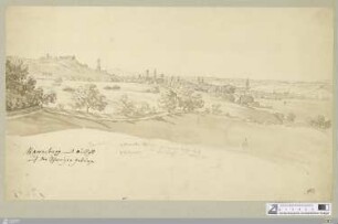 Ravensburg mit Aussicht auf die Schweizer Gebürge : v. Buracher Hof aus, oder von der Anhöhe links der Landstraße von Altdorf her; 27. Aug. 1813