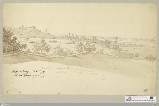 Ravensburg mit Aussicht auf die Schweizer Gebürge : v. Buracher Hof aus, oder von der Anhöhe links der Landstraße von Altdorf her; 27. Aug. 1813
