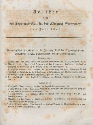 I. Chronologisches Verzeichniß der im Jahrgang 1843 des Regierungs-Blatts enthaltenen Gesetze, Verordnungen und Bekanntmachungen