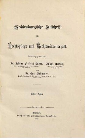 Mecklenburgische Zeitschrift für Rechtspflege, Rechtswissenschaft, Verwaltung. 1. 1881