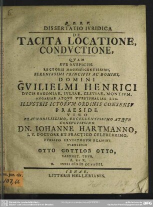 Dissertatio Iuridica De Tacita Locatione Conductione