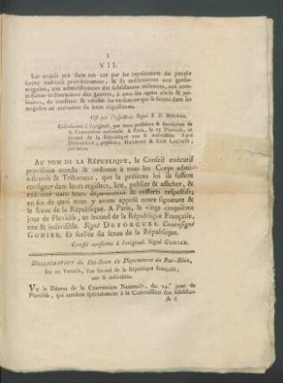 Déliberation du Directoire du Departement du Bas-Rhin ...