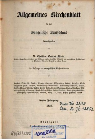 Allgemeines Kirchenblatt für das evangelische Deutschland : Amtsblatt des Deutschen Evangelischen Kirchenbundes. 8. 1859