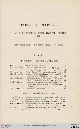 Table des matières: Juillet, août, septembre, octobre, novembre, décembre 1886