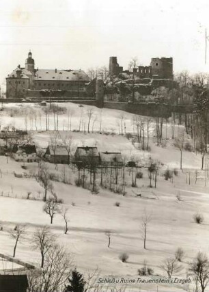Frauenstein. Schloss und Burgruine, Ansicht von Osten im Winter