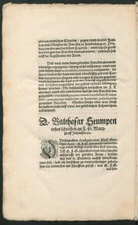 D. Balthasar Stumpen erstes schreiben ...
