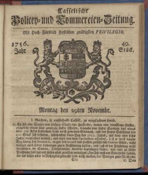 49. Stueck, Montag den 29ten Novembr. 1756