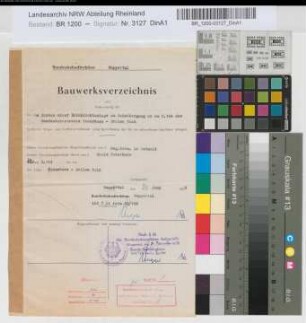 Bauwerksverzeichnis und Nachweisung der bei dem Einbau einer Blinklichtanlage am Bahnübergang in km 2,144 der Bundesbahnstrecke Paderborn-Brilon-Wald berührten Wege- und Vorflutverhältnisse, nebst Bezeichnung der für sie entworfenen baulichen Anlagen, o. M. Stnr.: 98, Iwü, Bunr.: 1, Blnr.: 1