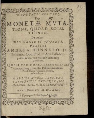 Disputationes Tres, De Monetae Mvtatione, Quoad Solutionem