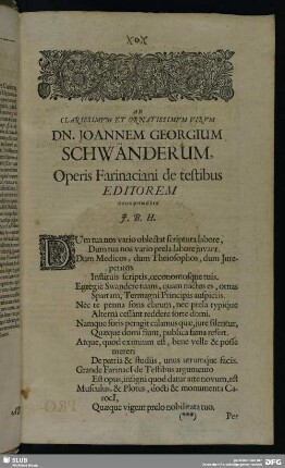 Ad Clarissimum Et Ornatissimum Virum Dn. Joannem Georgium Schwänderum, Operis Farinaciani de testibus Editorem