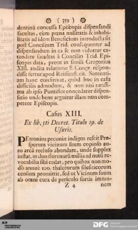 Casus XIII. Ex lib. 5ti Decret. Titulo 19. de Usuris.