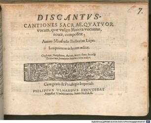 CANTIONES SACRAE, QVATVOR vocum, quae vulgo Muteta vocantur, nouae, compositae