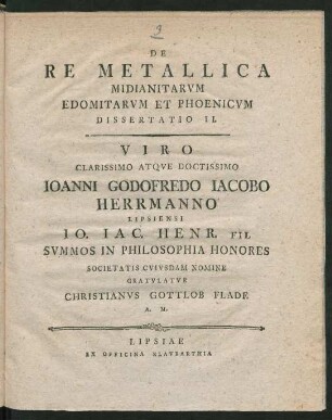 Diss. 2: De Re Metallica Midianitarvm Edomitarvm Et Phoenicvm Dissertatio ...