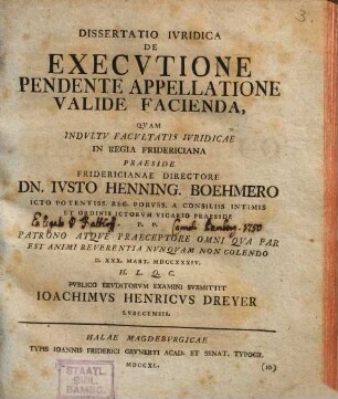 Dissertatio Ivridica De Execvtione Pendente Appellatione Valide Facienda