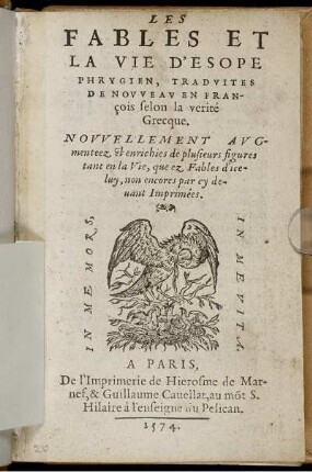 Les fables et la vie d'Esope Phrygien, tradvites de novveav en françois selon la verité Grecque