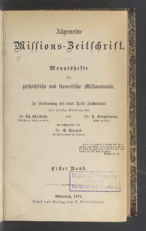 1.1874: Allgemeine Missions-Zeitschrift : Monatsh. für geschichtl. u. theoret. Missionskunde