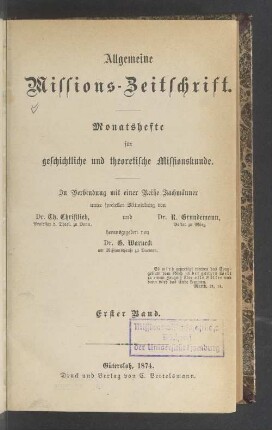 1.1874: Allgemeine Missions-Zeitschrift : Monatsh. für geschichtl. u. theoret. Missionskunde
