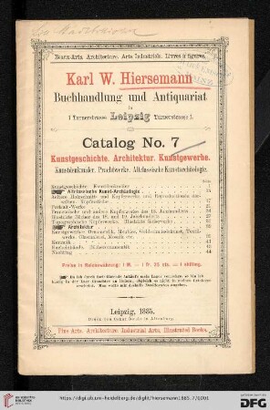 Nr. 7: Katalog: Kunstgeschichte, Architektur, Kunstgewerbe : Kunstdenkmäler, Prachtwerke, altclassische Kunstarchäologie