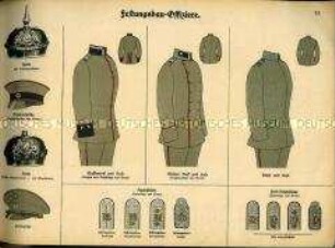 Uniformdarstellung, Schema der Helme, Waffenröcke, Hosen und Achselstücke von Bayerischen Festungsbau-Offizieren, Deutsches Kaiserreich, 1916.
