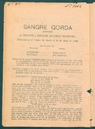 Sangre gorda : Entremes ; estrenado en el Teatro de Apolo el 30 de Abril de 1909