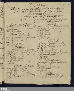 Verzeichnunge Was das closter Seußlitz jerlich an Gelde an Getreide ...zu bekomen hat