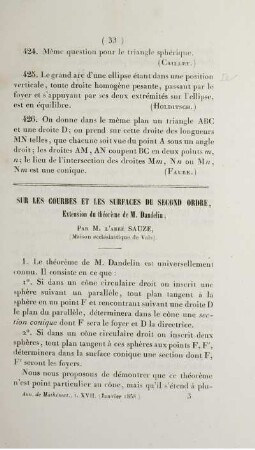 Sur les courbes et les surfaces du second ordre, extension du théorème de M. Dandelin.