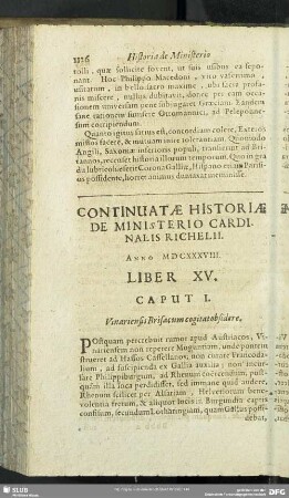 Continuatae Historiae De Ministerio Cardinalis Richelii. Anno MDCXXXVIII. Liber XV