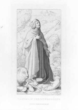 Daniel in der Löwengrube : Steifensand, Xaver (Stecher) nach Rethel, Alfred (Inventor): Daniel in der Löwengrube. Kupferstich; 230 x 122 mm. Dresden: Kupferstich-Kabinett A 1880-71 in A 334 b/336, 2 (D XIX, St-Steinle)